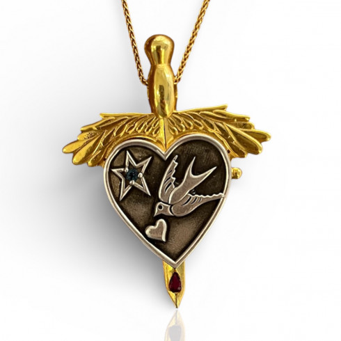Between Worlds - Heart Locket with Dagger Ruby Silver 925